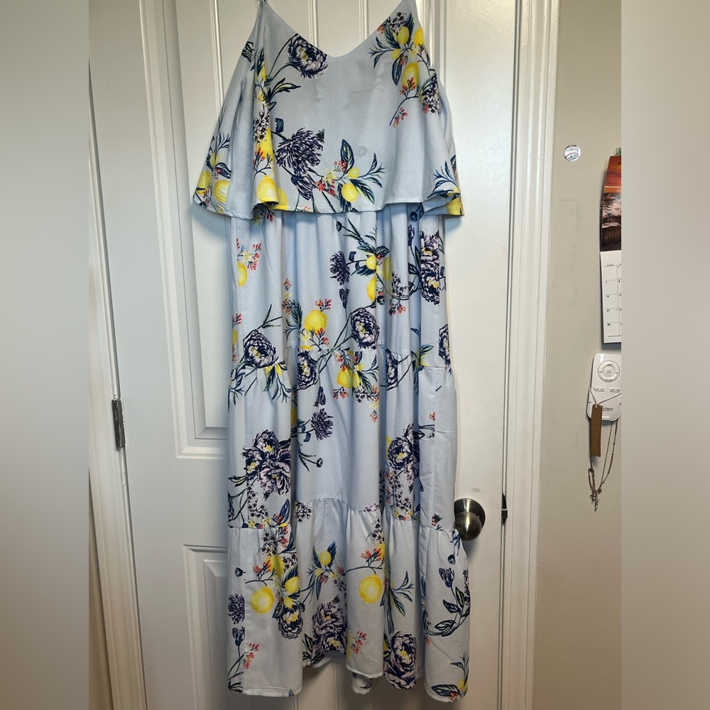Long blue and lemon print flowy refreshing dress